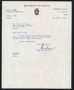 Letter from University of Ghana to W. E. B. Du Bois