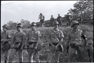 Antiwar demonstration at Fort Dix, N.J.: military police standing by, truncheons in hand