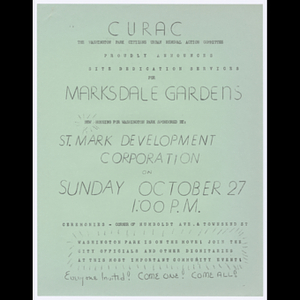 Flier for site dedication services for Marksdale Gardens on October 27, 1963