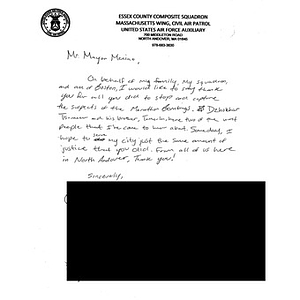 Letter of Sympathy from a Youth Cadet of the Essex County Composite Squadron, Massachusetts Wing, Civil Air Patrol, United States Air Force Auxiliary to the City of Boston