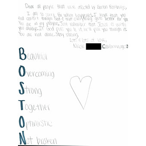 Letter from church youth group in Fresno, California