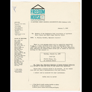Letter from Otto Snowden to Washington Park Association of Apartment House Owners (WAPAAHO) about meeting to be held January 11, 1966 at Freedom House