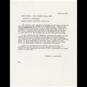 Memorandum from Gertrude A. Tanneyhill to joint staffs of Boston Redevelopment Authority (BRA), Freedom House and Action for Boston Community Development (ABCD) about tot-lot Walnut Avenue and Walnut Park