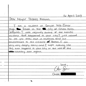 Letter from a student at Canyon Hills Junior High School sent to the City of Boston after the 2013 Boston Marathon bombings (Chino Hills, California)