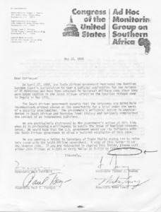 Letter to Colleague from Senators Mark Hatfield, Paul E. Tsongas, Thomas J. Downey, Mike Lowry regarding settling the issue of Namibian independence with South African Government