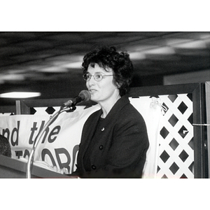 Speaker at an event for Massachusetts worker rights