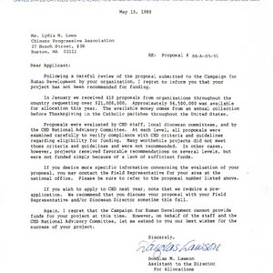 Letter from the United States Catholic Conference's Campaign for Human Development advising of its inability to fund the Chinese Progressive Association Workers' Center