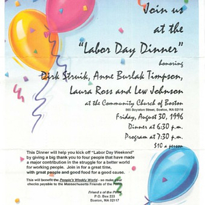 Flier advertising a Labor Day dinner honoring Dirk Struik, Anne Burlak Timpson, Laura Ross, and Lew Johnson