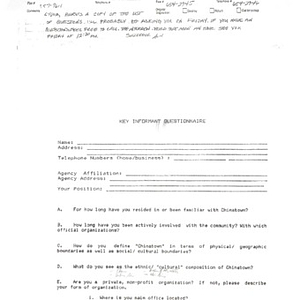 Questionnaire for Lydia Lowe, prepared for an unknown function of The Chinatown Coalition