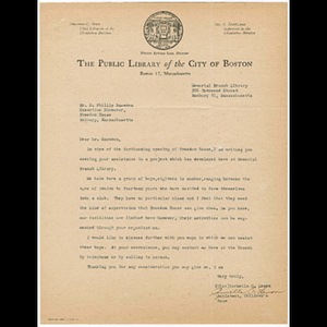 Letter from Carmella O. Lemon of the Memorial Branch Library to Otto Phillip Snowden of Freedom House regarding teenage boys' club