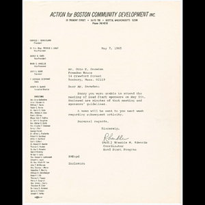 Letter from Rheable M. Edwards, Boston Head Start Coordinator, to Otto Phillip Snowden