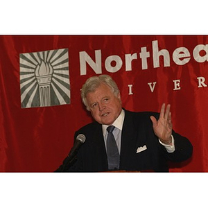 U.S. Senator Edward Kennedy (D-MA) gestures at the podium during a press conference on student aid