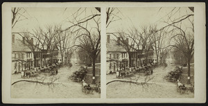 Stereograph of a street with attached buildings and horse-drawn carts, Greenfield, Mass., undated