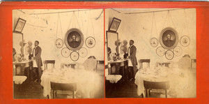 Stereograph of a domestic picking up a silver tray from a side table with tea service, Pittsfield, Mass., ca. 1875