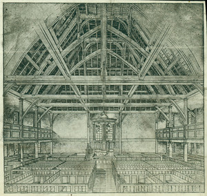 Photomechanical illustration of the interior of the Old Ship Meeting House, Hingham, facing pulpit