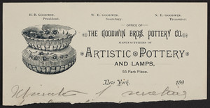 Letterhead for The Goodwin Bros. Pottery Co., manufacturers of artistic pottery and lamps, 55 Park Place, New York, New York, 1890s