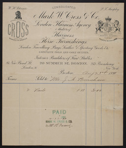 Billhead for Mark W. Cross & Co., London Harness Agency, makers of harness, horse furnishings, 20 Summer Street, Boston, Mass., dated August 23, 1899