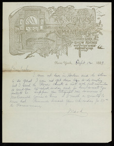 Letterhead for A.S. Nichols, manufacturer of slate & hard wood mantels, brass work, show rooms, No. 15 W. 27 Street between Broadway & 5th Avenue, New York, New York, dated September 12, 1889
