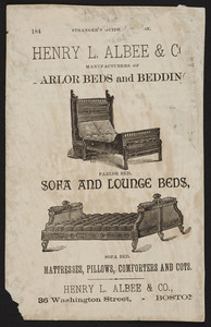Advertisement for Henry L. Albee & Co., manufacturers of parlor beds and bedding, sofa and lounge beds, 36 Washington Street, Boston, Mass., ca. 1825