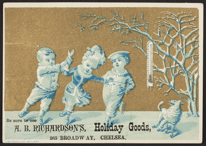 Trade card for A.B. Richardson's, holiday goods, 265 Broadway, Chelsea, Mass., undated