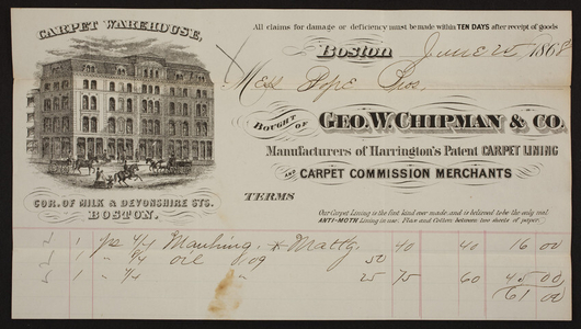 Billhead for Geo. W. Chipman & Co., manufacturers of Harrington's Patent Carpet Lining and carpet commission merchants, corner of Milk and Devonshire Streets, Boston, Mass., dated June 25, 1868