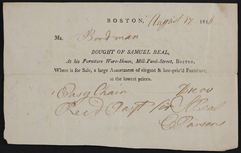 Billhead, bought of Samuel Beal, at his furniture ware-house, Mill-Pond-Street, Boston, Mass, dated August 17, 1818