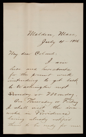 Bernard R. Greene to Thomas Lincoln Casey, July 4, 1886