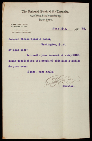 [Charles] H. Stout/National Bank of the Republic to Thomas Lincoln Casey, June 29, 1895