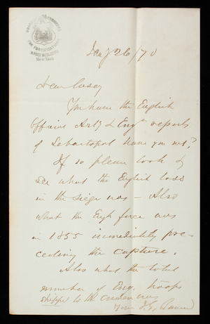 [John G.] Barnard to Thomas Lincoln Casey, January 26, 1870