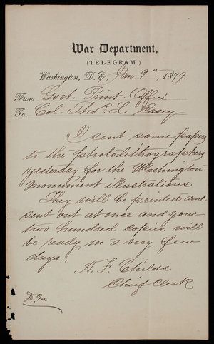 A. F. Childs to Thomas Lincoln Casey, January 9, 1879