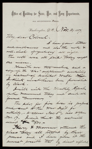 Bernard R. Green to Thomas Lincoln Casey, November 2, 1887
