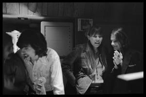 David Crosby, Graham Nash, Joni Mitchell, and Judy Collins (l. to r.) in Wally Heider Studio 3 while producing the first Crosby, Stills, and Nash album