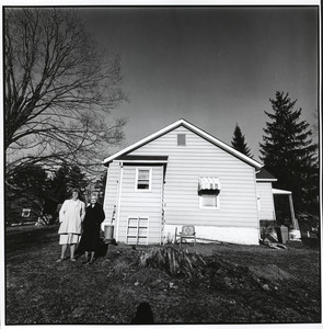 Two women outside one-room schoolhouse in Ulster County