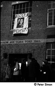 African American occupiers in front of Ford Hall and banner proclaiming 'Malcolm X University': white student support for Brandeis University African American student protest