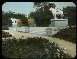 Entrance to Humbolt Park Rose Garden, Chicago (statues of bulls, huge urns)