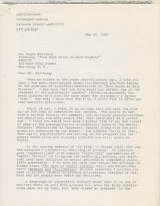 Letter from Judi Chamberlin to Roger Weisberg