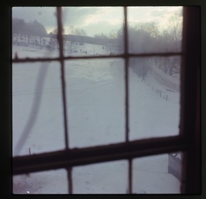 View from the window over snow covered field, looking east, Montague Farm Commune