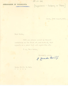 Letter from Ambassador of Yugoslavian Embassy, Ghana to Shirley Graham Du Bois