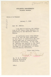 Letter from Rufus E. Clement to W. E. B. Du Bois