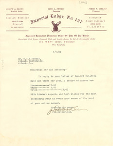 Letter from Imperial Lodge No. 127, Order of Elks, to W. E. B. Du Bois