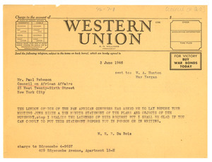 Telegram from W. E. B. Du Bois to Council on African Affairs