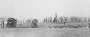 Panoramic view of campus pond and old chapel