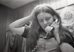 Bernadette Devlin McAliskey on the phone at the WBCN office