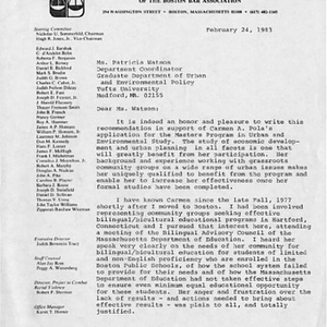 Letter from Alan Jay Rom, counsel to the Lawyers' Committee for Civil Rights Under Law of the Boston Bar Association, to Patricia Watson, Department Coordinator of the Graduate Department of Urban and Environmental Policy, Tufts University, supporting Carmen Pola's application to graduate school