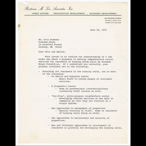 Letter from Bertram M. Lee to Otto and Muriel Snowden about social services program for residents of housing built by Freedom House