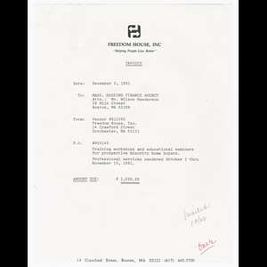 Invoices from Freedom House to Massachusetts Housing Finance Agency for ...
