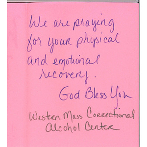 Card from a woman at the Western Massachusetts Correctional Alcohol Center