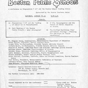 Advertisement for Funding the Boston Public Schools, a conference on Proposition 2 1/2 and the Boston School Funding Crisis