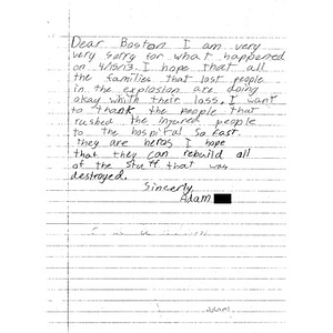 Letter to Boston from a student at Dunn Elementary School (Arlington, Texas)