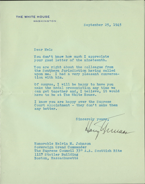 Letter from President Harry S. Truman to Melvin M. Johnson, 1945 September 25